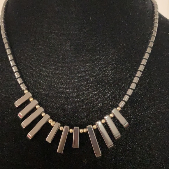 Charcoal /silver colored heavy beaded necklace with large matching earrings - Picture 3 of 10